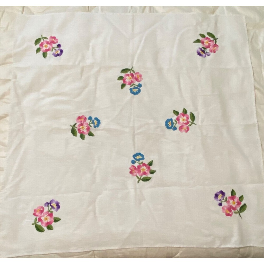 Vintage Tablecloth  Embroidered Floral  Square  33"x34" Cottage Shabby‎ Farm